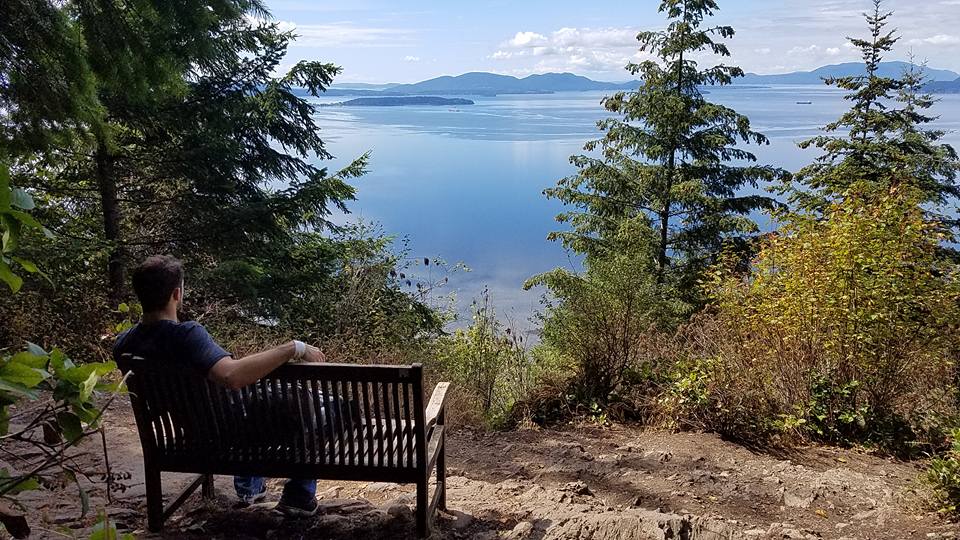 Man sitting on a bench overlooking scenic view.